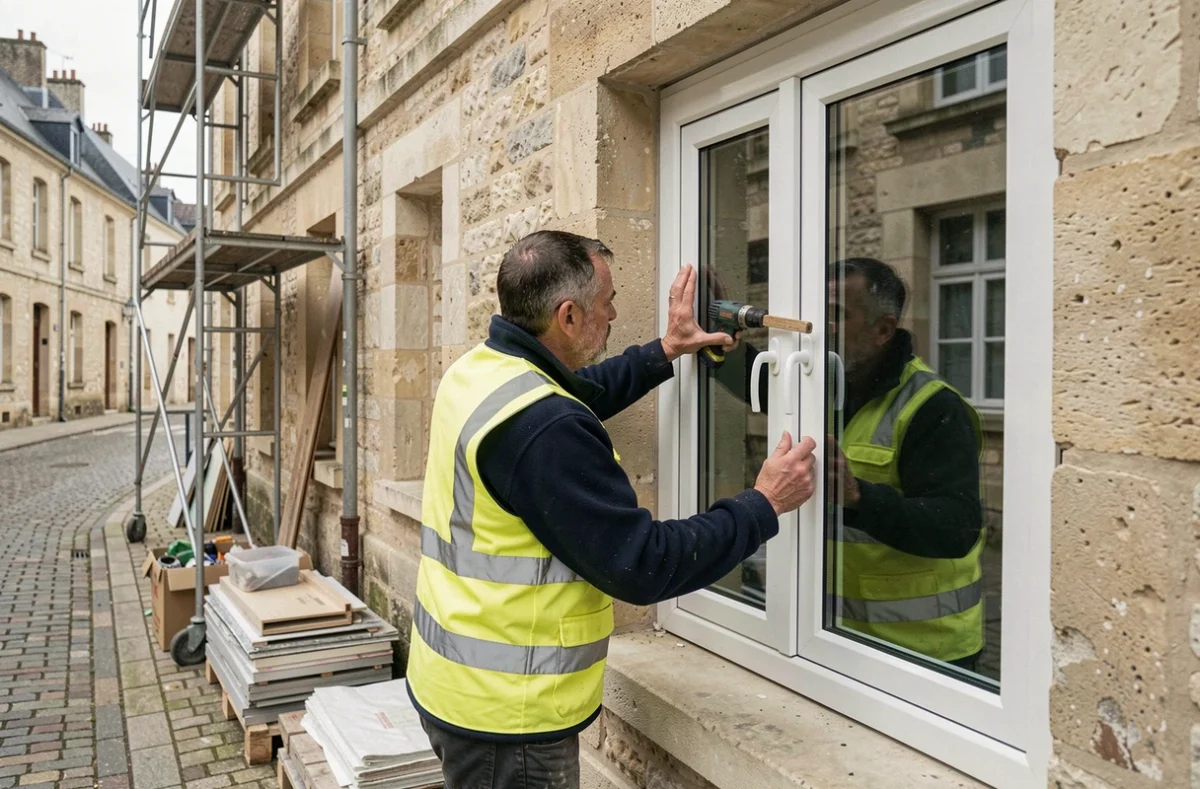 Technicien de Menuiserie Besnault posant une fenêtre double vitrage sur une maison ancienne en pierre en Indre-et-Loire pour rénovation énergétique