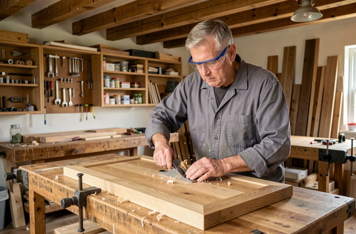 Menuisier de Menuiserie DUPEU rabot à la main sur une pièce en chêne sur mesure dans son atelier du Loiret