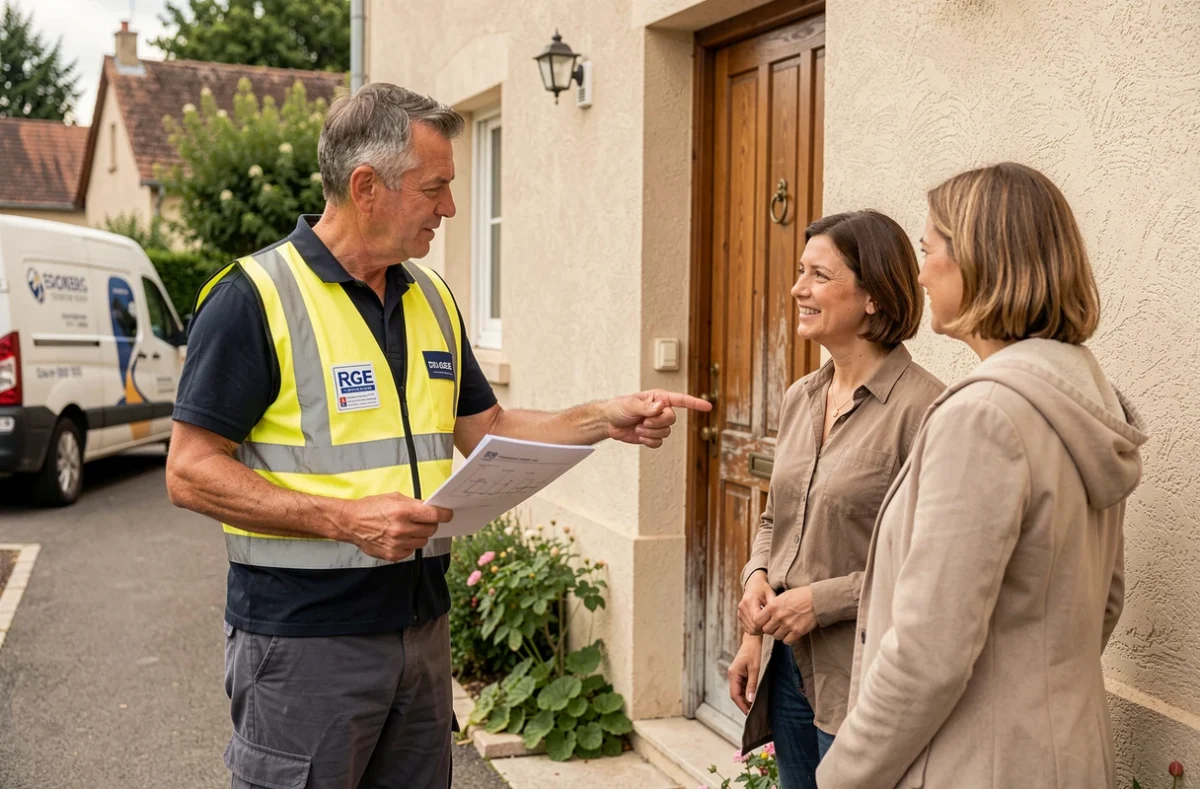 Menuisier certifié RGE de Menuiserie Girard discutant d'un projet de rénovation avec des propriétaires devant leur maison pour l'obtention d'aides à la rénovation