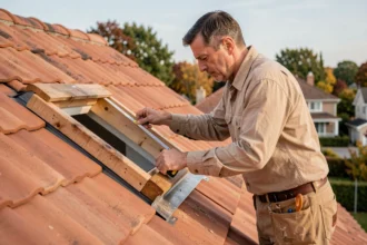 Charpentier mesurant l'encadrement d'une fenêtre de toit Velux 55x78 sur une toiture en tuiles