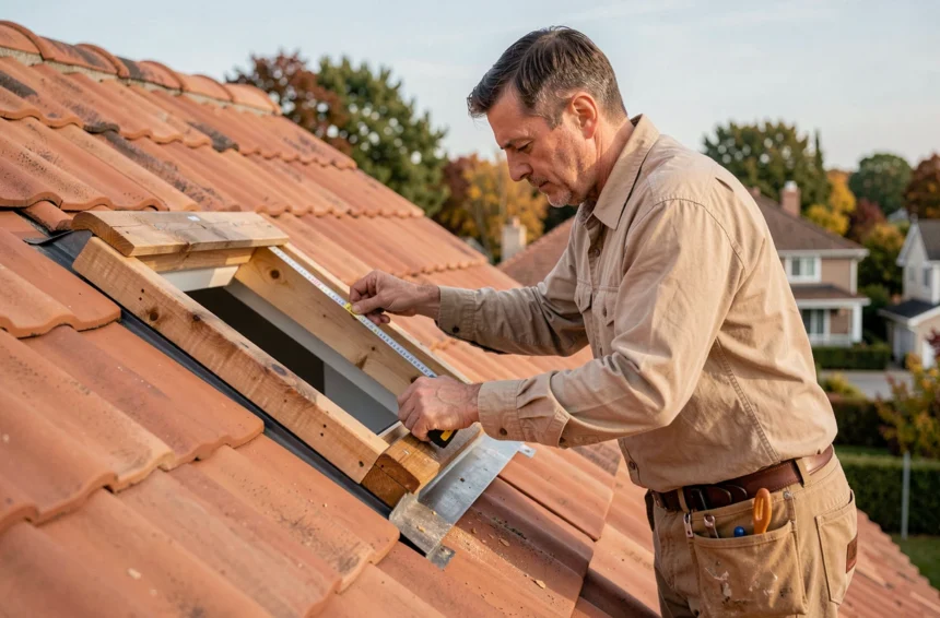 Charpentier mesurant l'encadrement d'une fenêtre de toit Velux 55x78 sur une toiture en tuiles