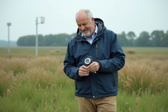 Meteorologue homme mesurant le vent dans un champ rural