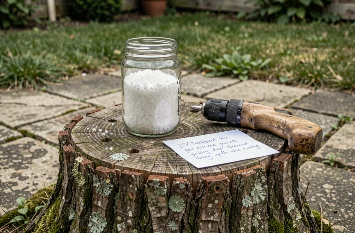 Méthode naturelle pour éliminer une souche avec du sel et des trous percés dans le bois en décomposition dans un jardin