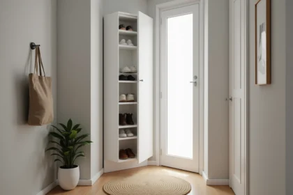 Meuble à chaussures nano blanc dans une entrée étroite d'appartement avec rangement optimisé