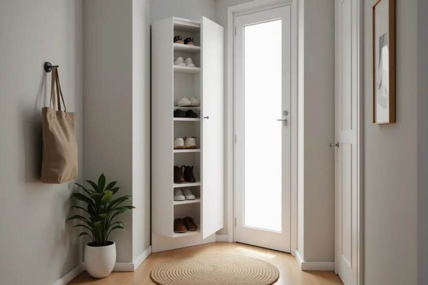 Meuble à chaussures nano blanc dans une entrée étroite d'appartement avec rangement optimisé