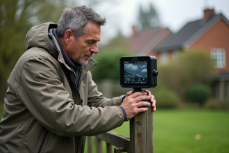 Homme installant une station météo dans un jardin