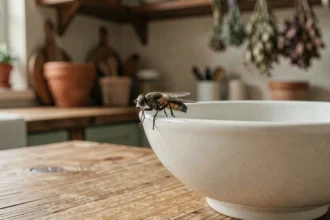 Mouche posée sur un bol en céramique blanche dans une cuisine rustique, symbolisme et feng shui domestique