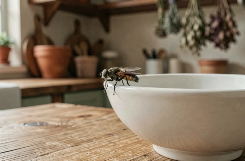 Mouche posée sur un bol en céramique blanche dans une cuisine rustique, symbolisme et feng shui domestique