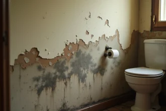 Mur intérieur humide avec taches de moisissure et peinture qui s'écaille dans une salle de bain ancienne