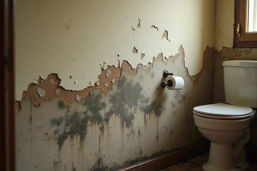 Mur intérieur humide avec taches de moisissure et peinture qui s'écaille dans une salle de bain ancienne