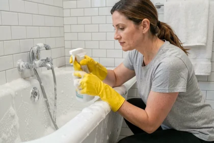 Femme nettoyant une baignoire en acrylique très entartrée avec un spray moussant et des gants en caoutchouc jaunes