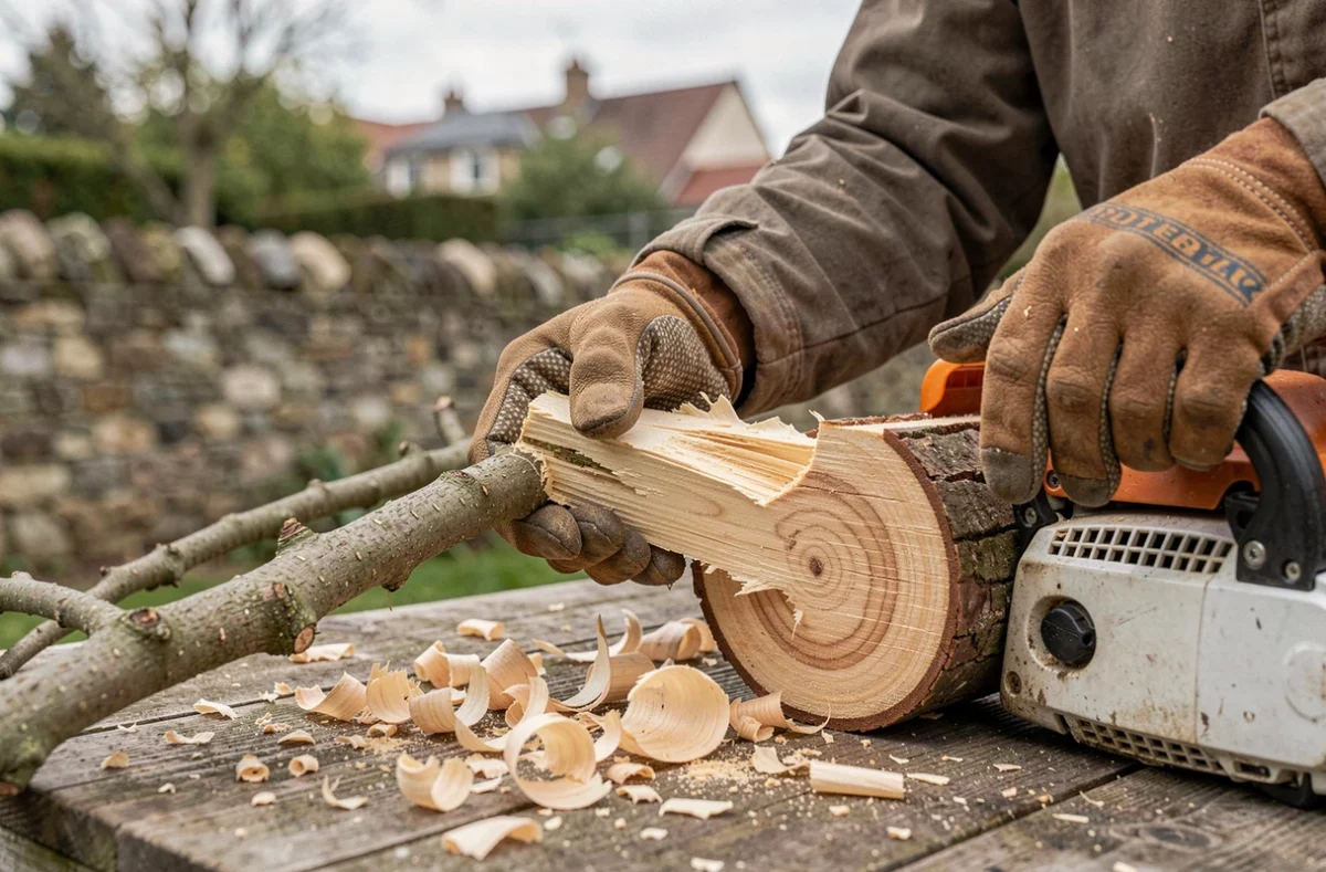 Gros plan sur les outils d'élagage professionnels et une branche fraîchement coupée dans un jardin des Yvelines