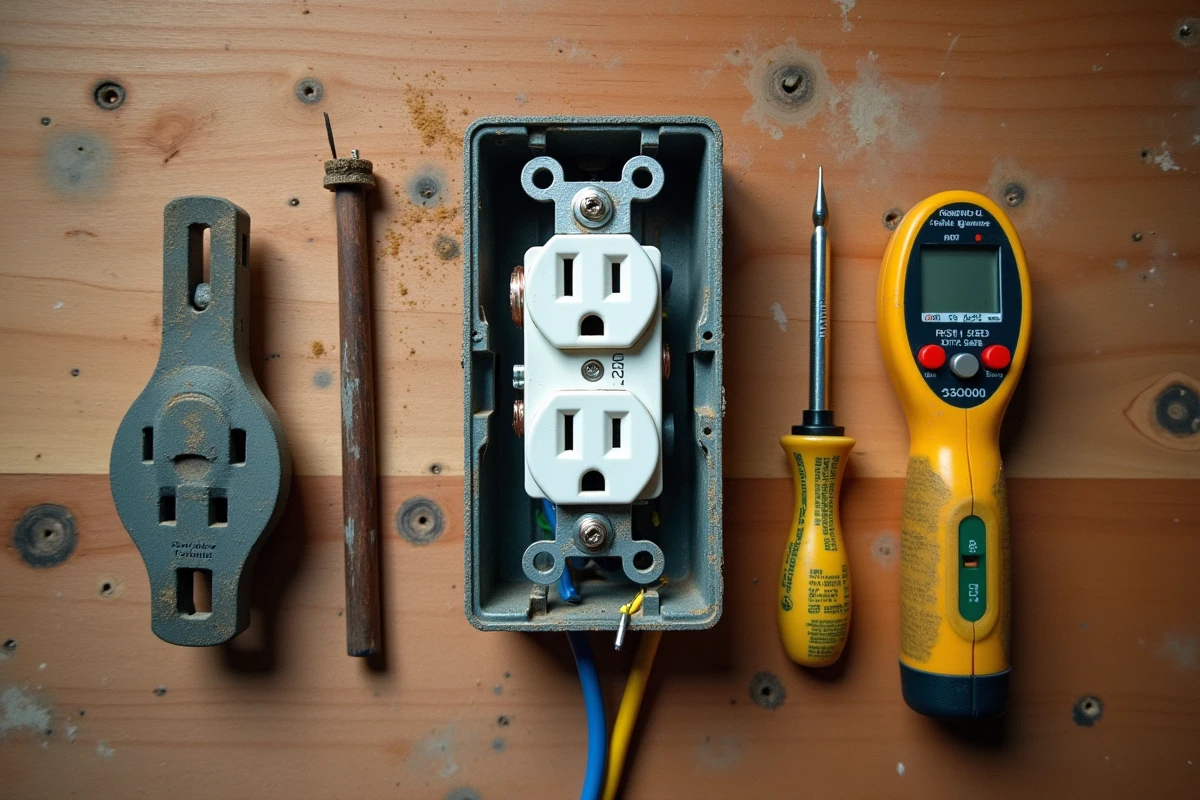Vue rapprochée des trois fils électriques colorés et des outils nécessaires pour brancher une prise murale