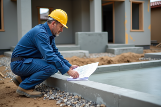 Ouvrier en bleu examinant une dalle de beton en chantier