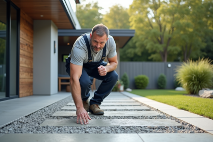 Ouvrier en overalls inspectant un patio en béton neuf