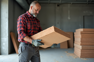Ouvrier construction examinant panneau d'isolation résistante