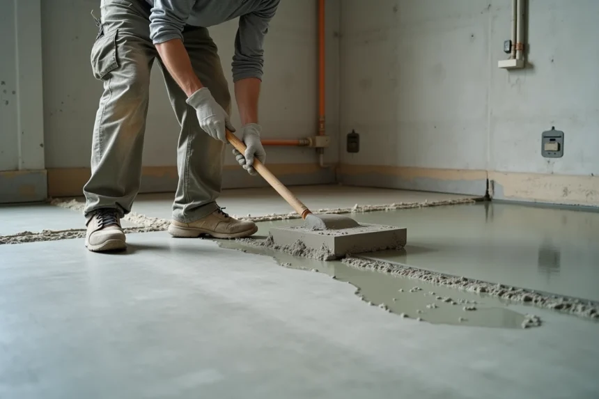 Ouvrier appliquant un ragréage autolissant sur un plancher béton dans un appartement en rénovation