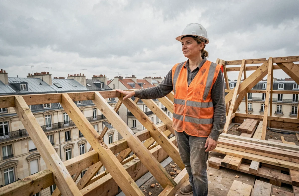 Ouvrière sur échafaudage lors d'une surélévation de maison en milieu urbain
