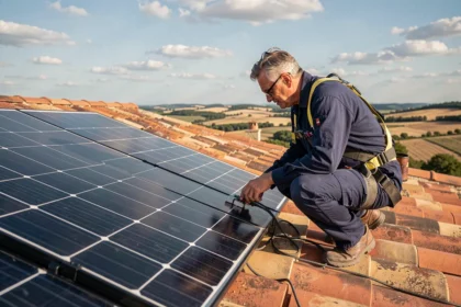 Technicien installant un panneau solaire monocristallin 300W sur un toit de maison résidentielle en France