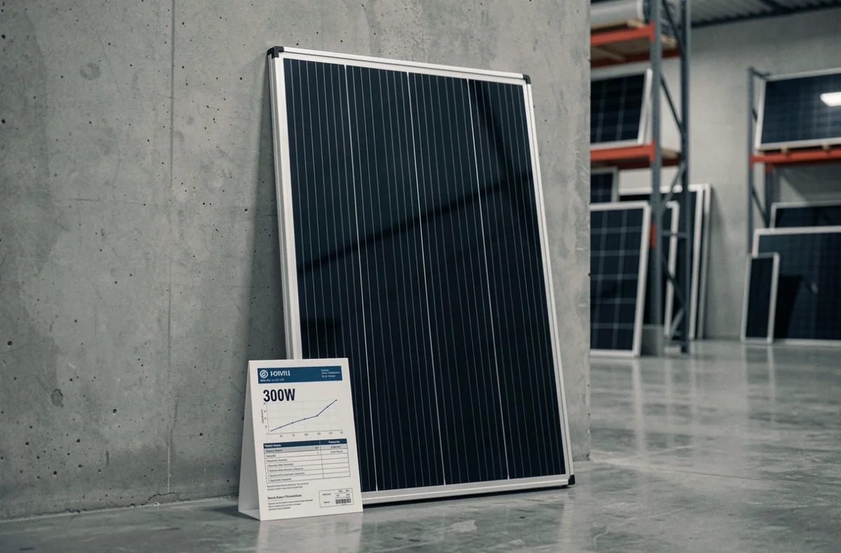 Panneau solaire monocristallin 300W exposé dans un showroom avec fiche technique et étiquette de prix
