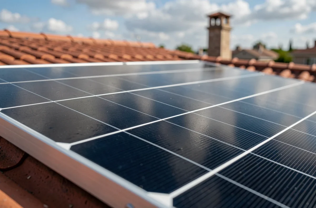 Gros plan sur un panneau solaire plug and play installé sur une toiture résidentielle avec tuiles en terre cuite