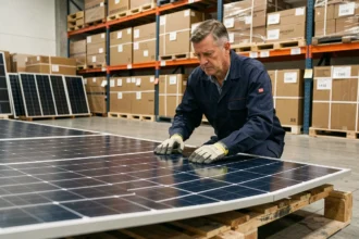 Technicien inspectant un panneau solaire dans un entrepôt industriel avec des prix d'usine en arrière-plan