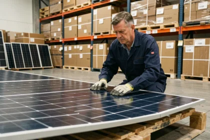 Technicien inspectant un panneau solaire dans un entrepôt industriel avec des prix d'usine en arrière-plan
