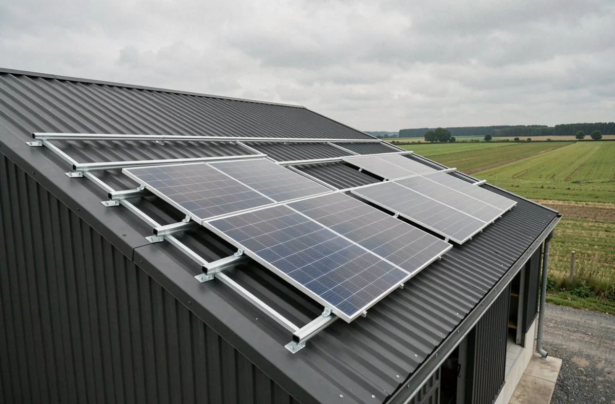 Panneaux solaires installés sur un toit en bac acier anthracite d'un hangar agricole avec fixations et rails visibles