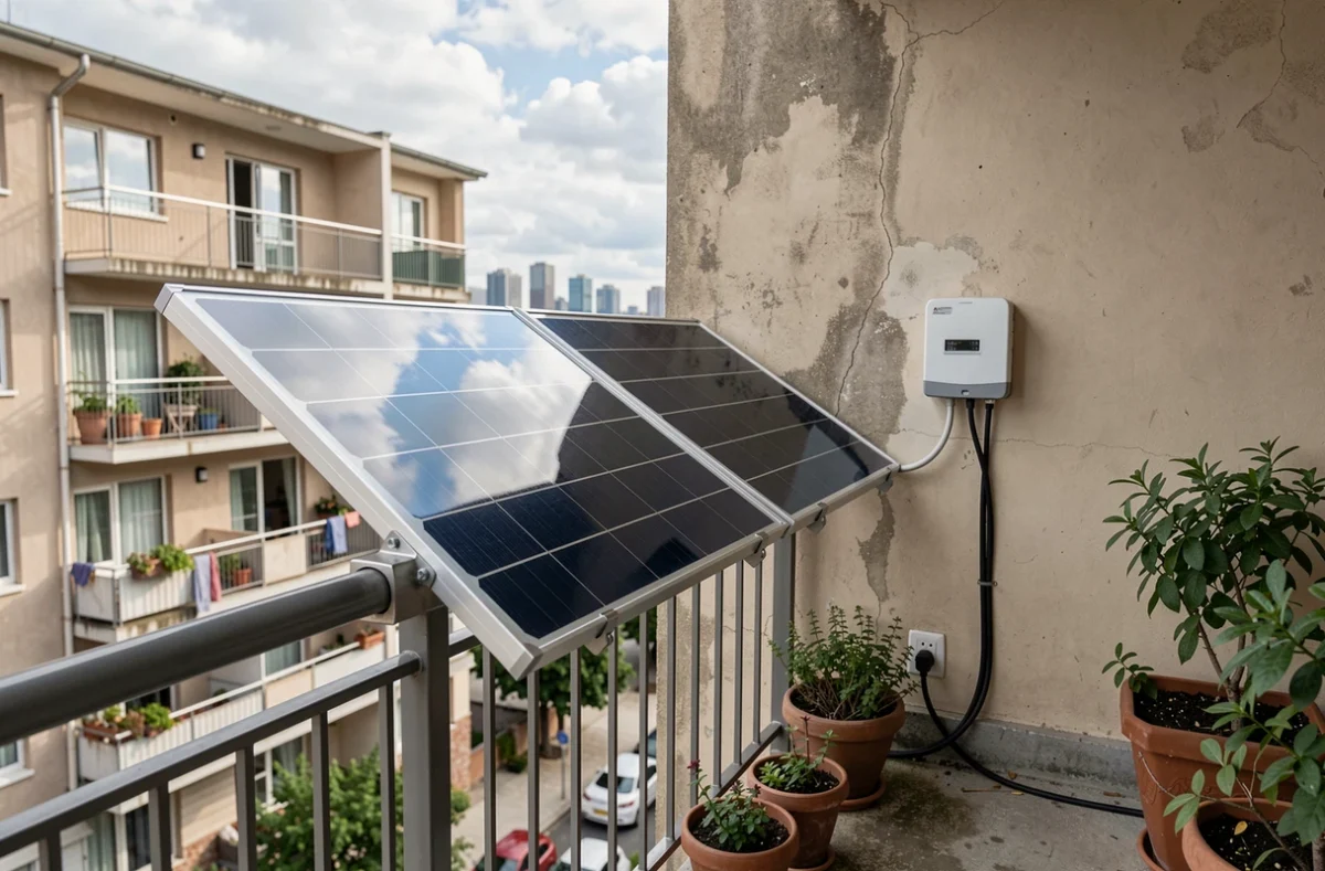 Panneaux solaires plug and play triphasés installés sur un balcon d'appartement en milieu urbain