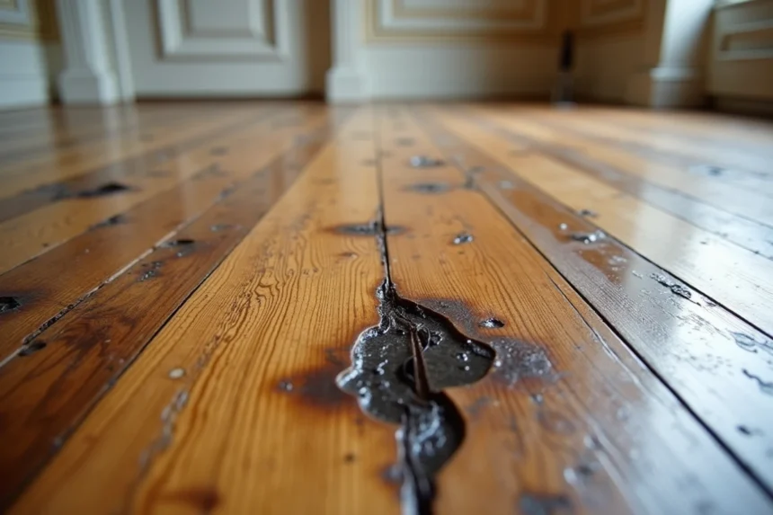 Parquet en chêne noirci par l'humidité avec taches sombres visibles sur les lames