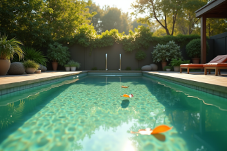 Piscine familiale moderne dans un jardin ensoleille avec eau trouble et feuilles
