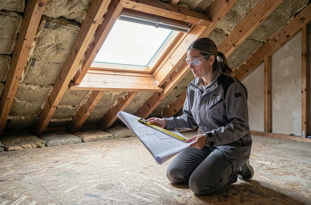 Professionnelle consultant des plans architecturaux pour la pose d'un Velux 55x78 dans un espace de combles