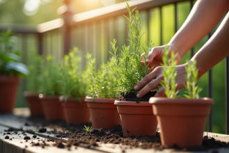 Mains plantant du romarin dans des pots sur un balcon ensoleille