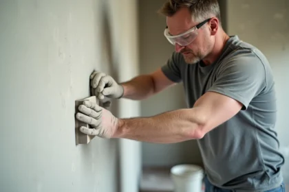 Plâtrier ponçant un enduit lissé sur un mur intérieur avec un bloc de ponçage à grain fin