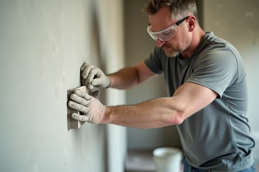 Plâtrier ponçant un enduit lissé sur un mur intérieur avec un bloc de ponçage à grain fin