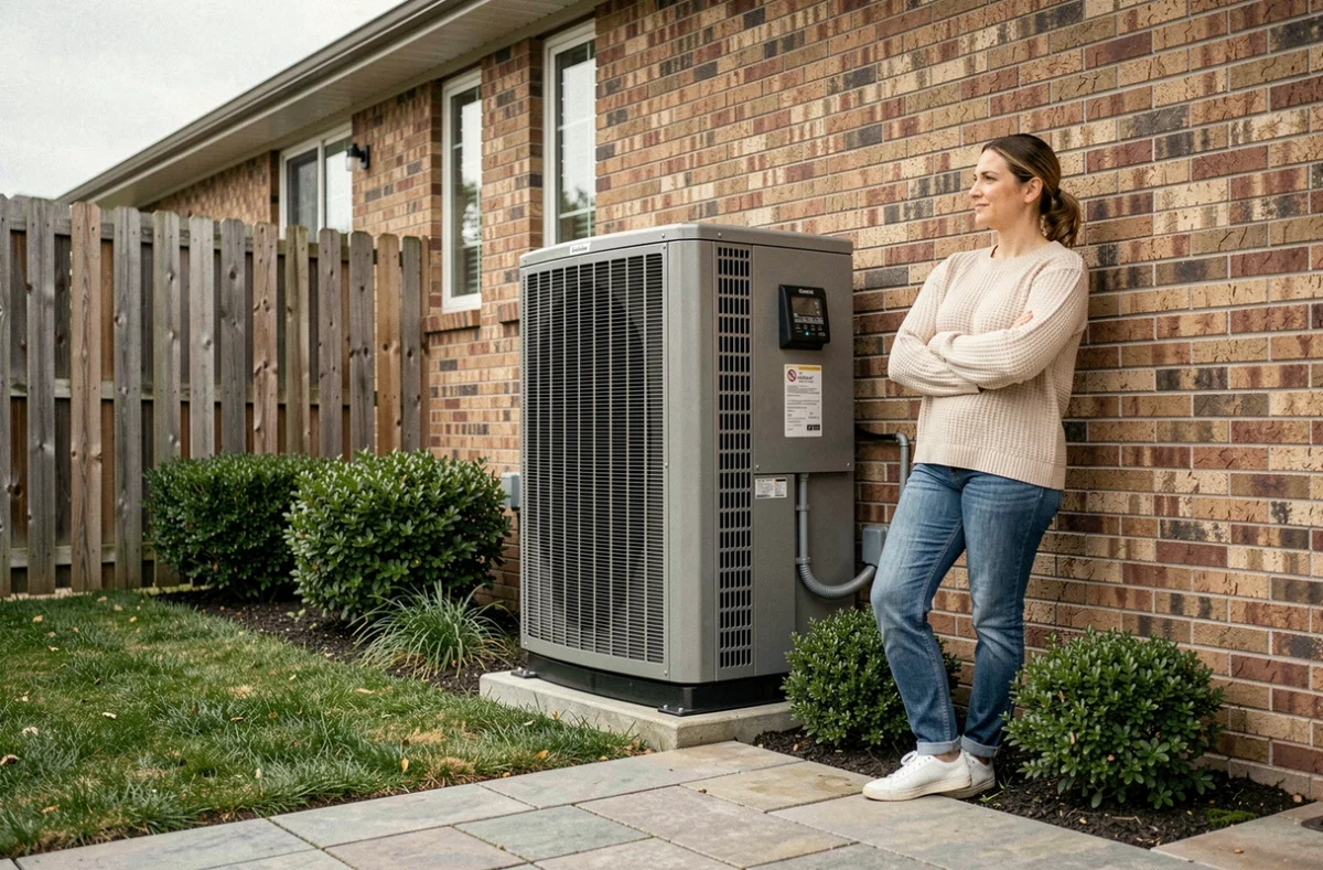 Femme observant une pompe à chaleur air-air installée en extérieur contre un mur de brique de maison individuelle
