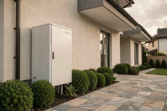 Pompe à chaleur murale installée sur la façade extérieure d'une maison moderne avec jardin aménagé