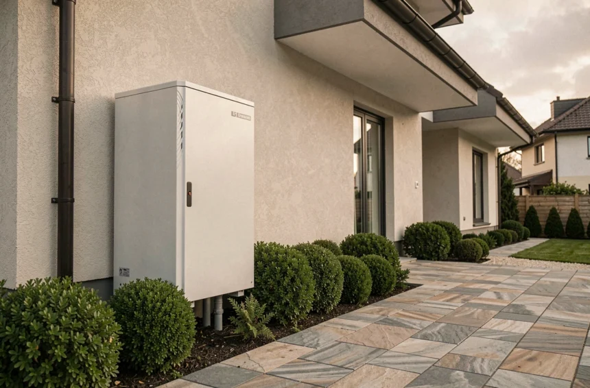 Pompe à chaleur murale installée sur la façade extérieure d'une maison moderne avec jardin aménagé