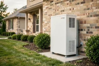 Pompe à chaleur air/eau Mitsubishi installée en extérieur contre la façade d'une maison moderne avec jardin