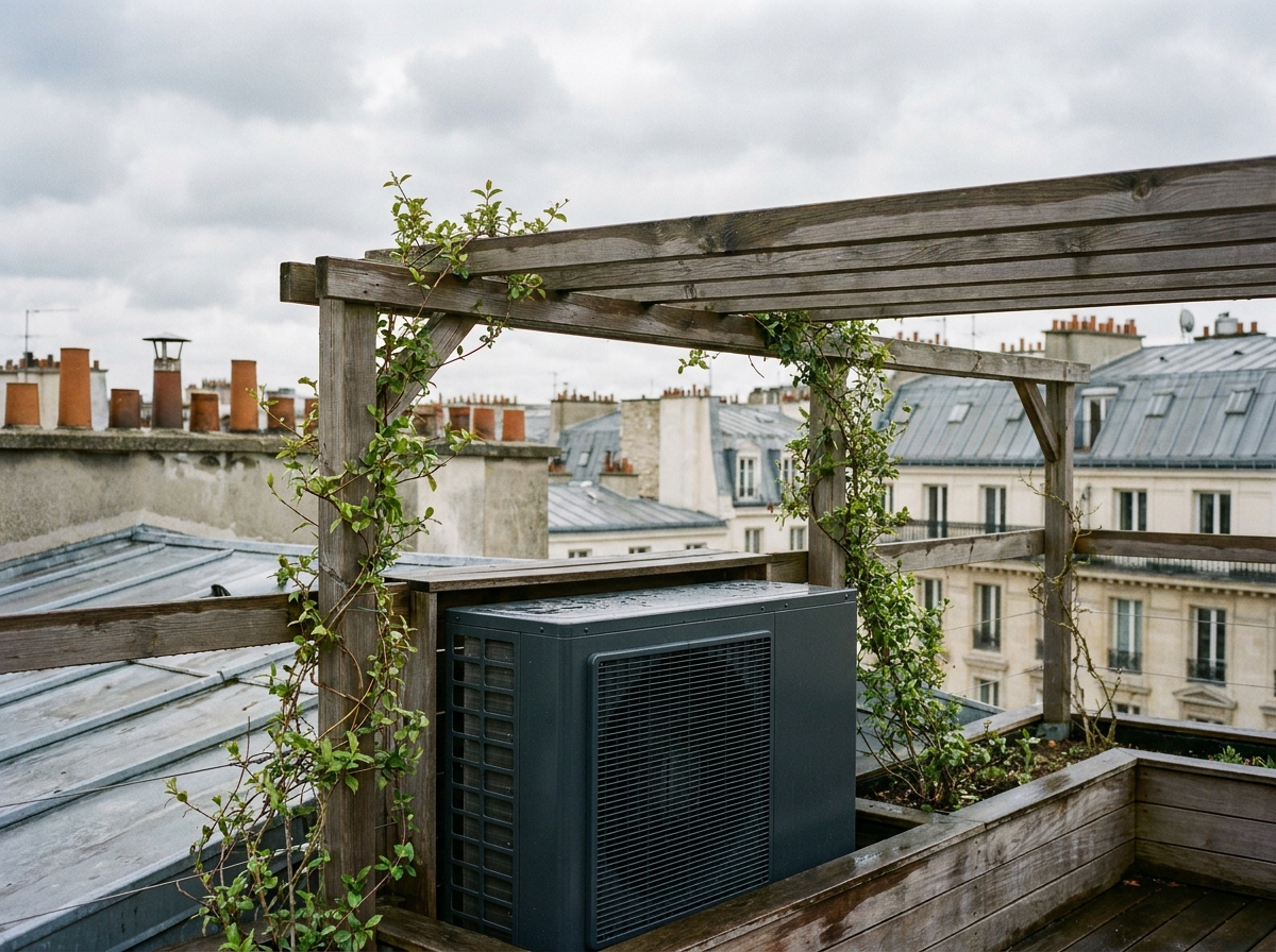 Pompe à chaleur intégrée dans une pergola en bois sur terrasse d'appartement parisien avec toits haussmanniens