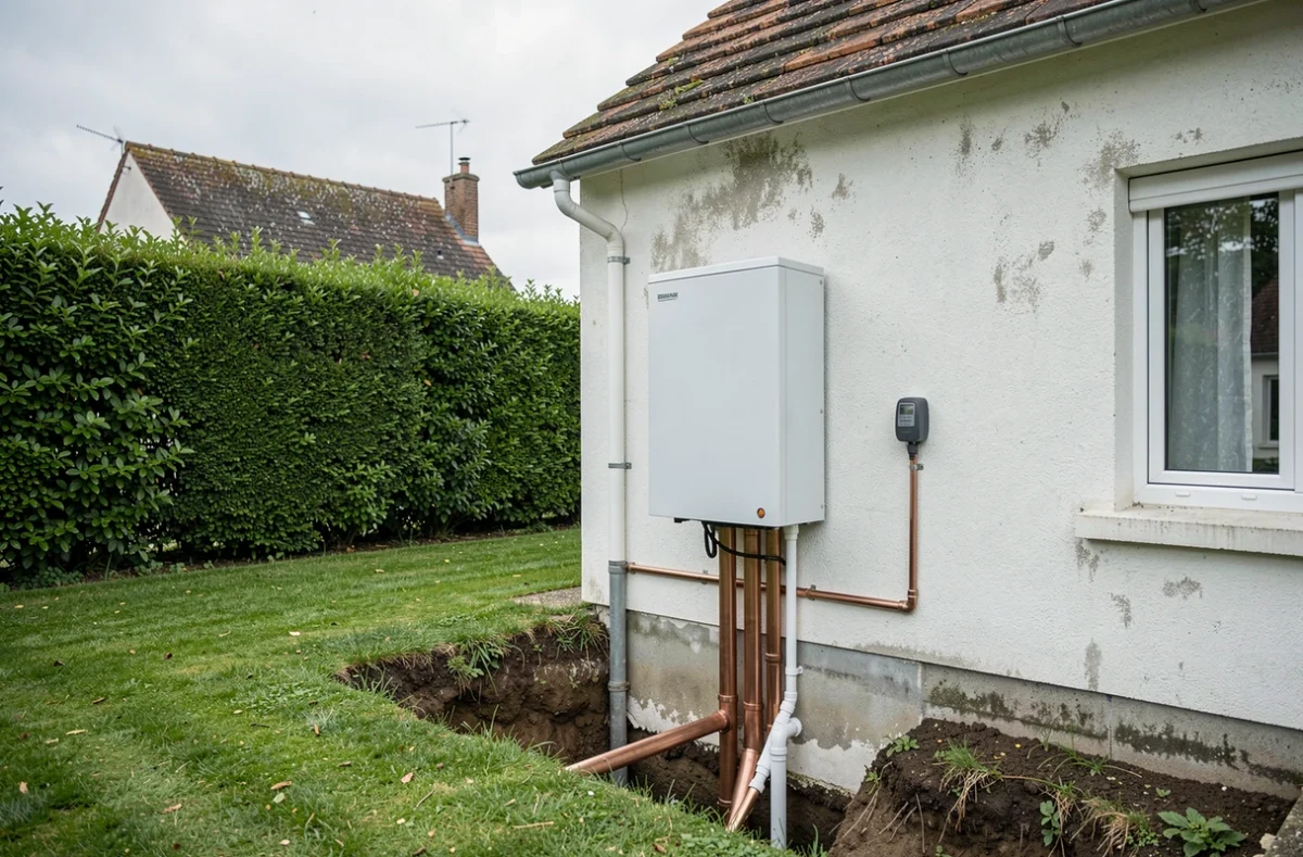 Pompe à chaleur eau/eau installée en extérieur d'une maison individuelle avec réseau de piping apparent
