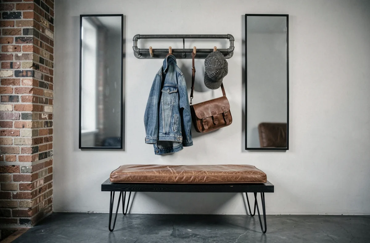 Porte-manteau mural industriel en métal et bois associé à deux miroirs en verre fumé et un banc en chêne noir dans une entrée style loft