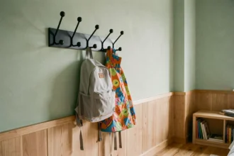 Porte-manteau mural en métal noir mat installé dans une chambre d'enfant avec des crochets à hauteur adaptée