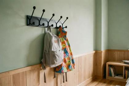 Porte-manteau mural en métal noir mat installé dans une chambre d'enfant avec des crochets à hauteur adaptée