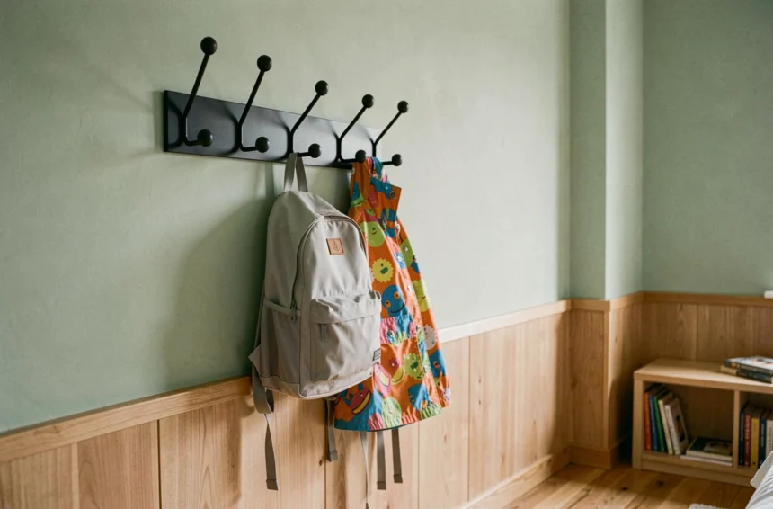 Porte-manteau mural en métal noir mat installé dans une chambre d'enfant avec des crochets à hauteur adaptée