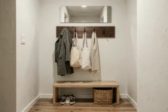 Porte-manteau mural en bois foncé associé à un miroir rectangulaire et un banc en chêne dans une entrée moderne