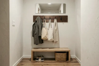Porte-manteau mural en bois foncé associé à un miroir rectangulaire et un banc en chêne dans une entrée moderne