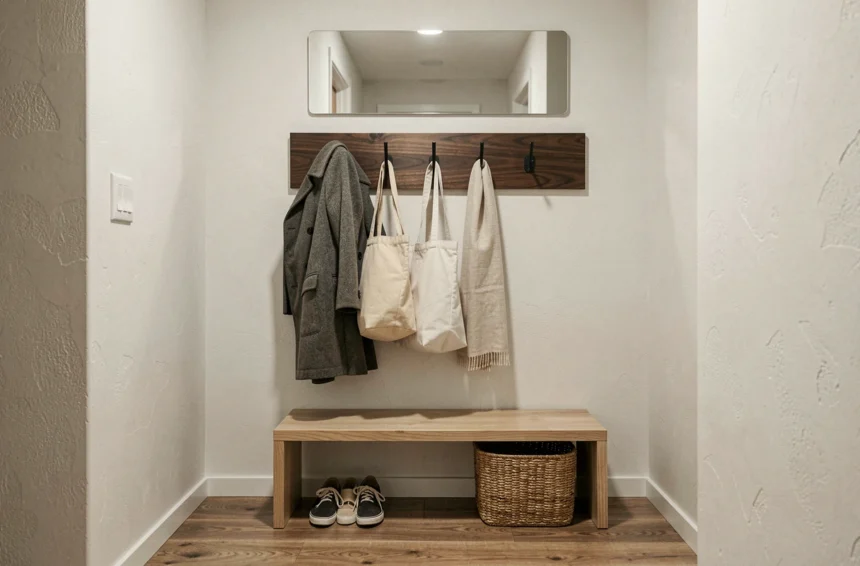 Porte-manteau mural en bois foncé associé à un miroir rectangulaire et un banc en chêne dans une entrée moderne