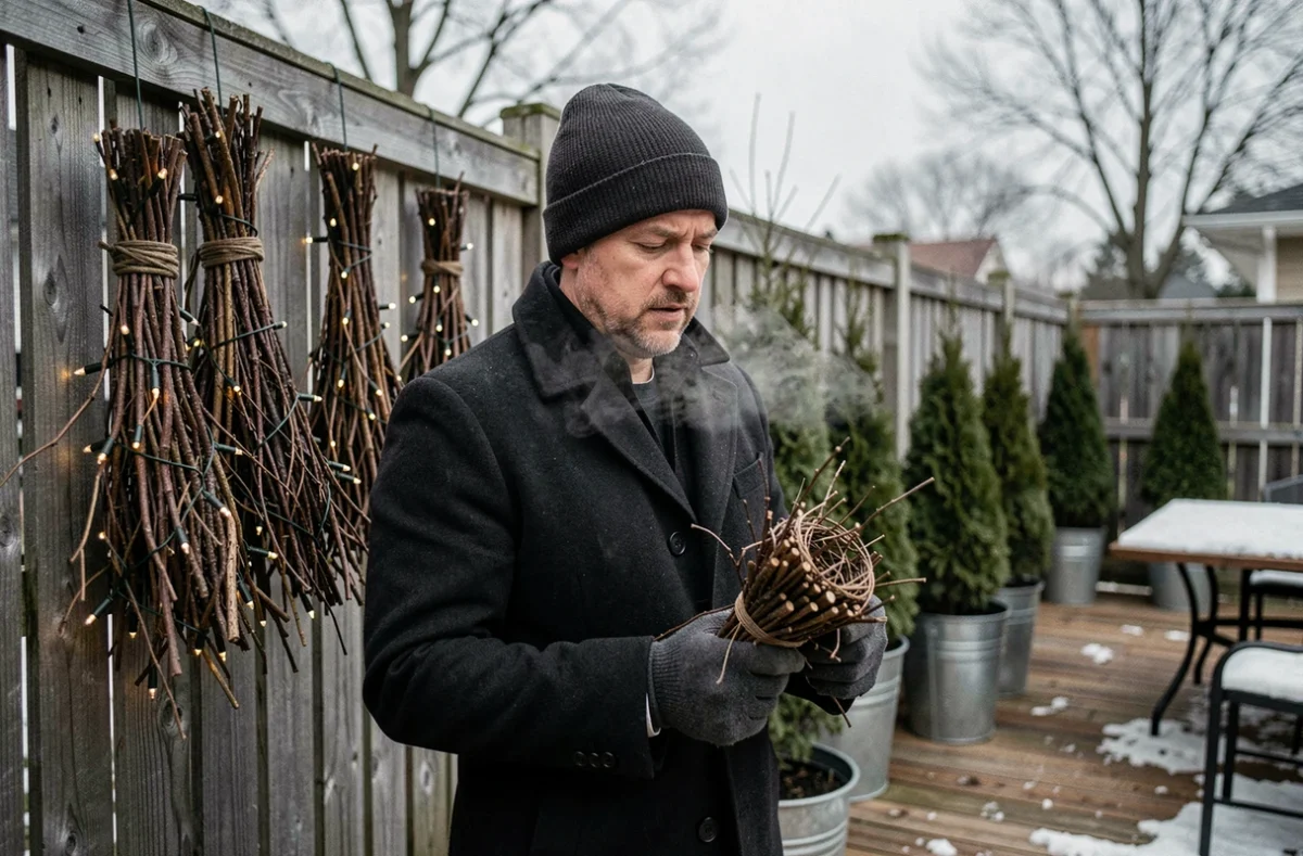Homme installant des branches lumineuses LED sur une clôture en bois pour décorer son jardin à Noël 2026