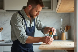 Homme appliquant de la colle Ni Vis Ni Clou sur une étagère en cuisine